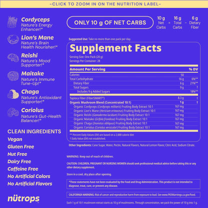 Nutrops Lions Mane Mushroom Gummies for adults, Functional Nootropics, Herbal Brain Supplement for Energy, Brain Health, Cognitive, Memory & Focus, Reishi, Chaga, Cordyceps, Coriolus, 28 daily Packs - Maple Wellness Supplements