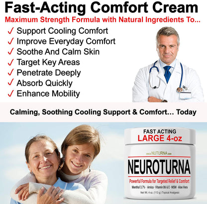 Nuturna Nerve Cream - Fast Acting Comfort for Feet, Hands, Legs & Toes - Ultra Strength Menthol, Arnica, Aloe Vera, MSM - Cooling Soothing Comfort - Non-Greasy, Paraben-Free - 4 oz - Maple Wellness Supplements