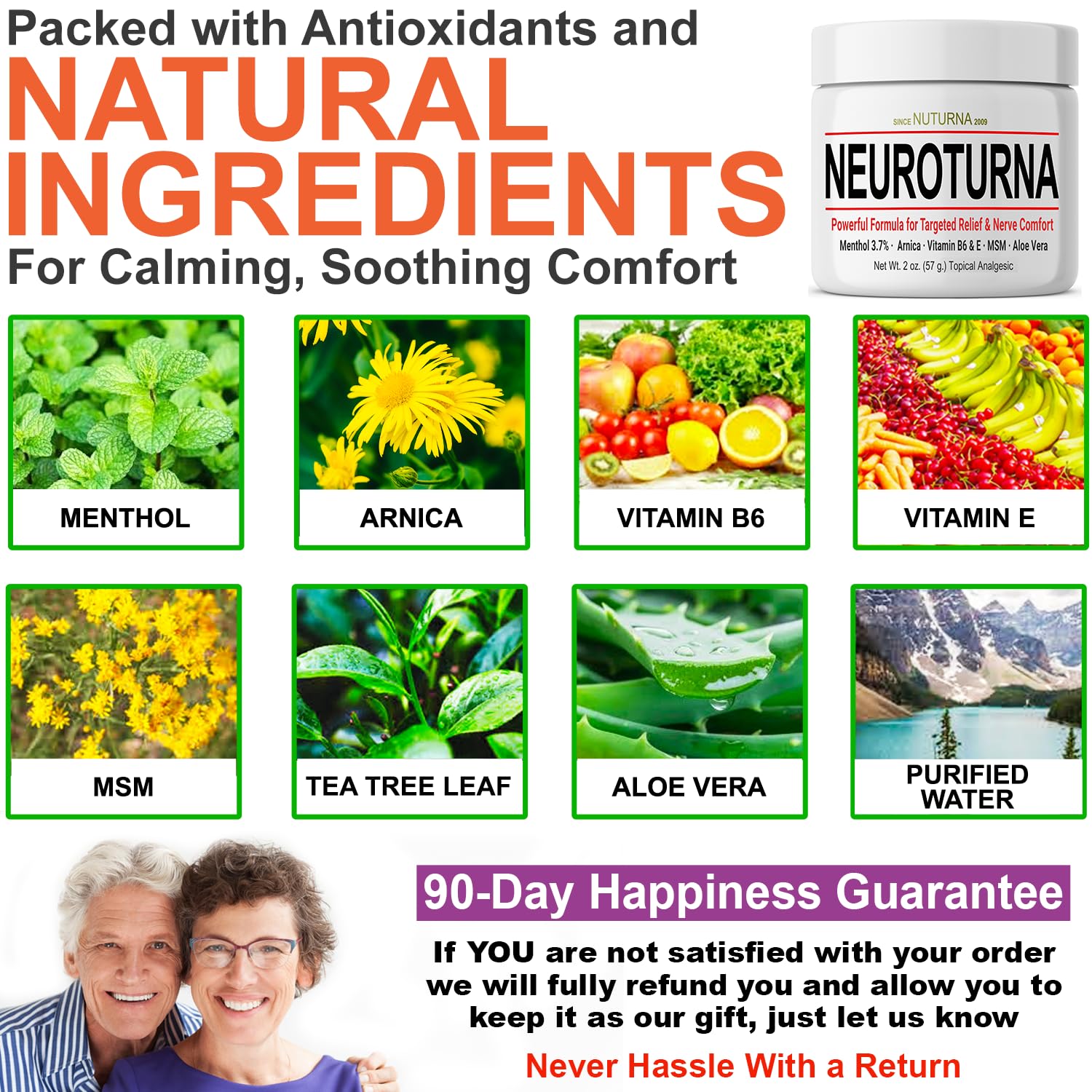 Nuturna Nerve Cream - Fast Acting Comfort for Feet, Hands, Legs & Toes - Ultra Strength Menthol, Arnica, Aloe Vera, MSM - Cooling Soothing Comfort - Non-Greasy, Paraben-Free - 4 oz - Maple Wellness Supplements