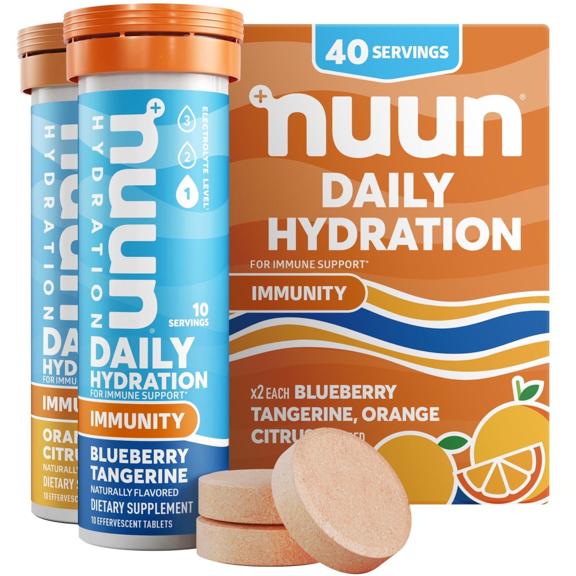 Nuun Immunity Electrolyte Tablets with Vitamin D, C, E, & A, Ginger, Elderberry, Magnesium & 4 Other Essential Electrolytes, Vegan, Blueberry Tangerine & Orange Citrus, 4 Pack (40 Servings Total) - Maple Wellness Supplements