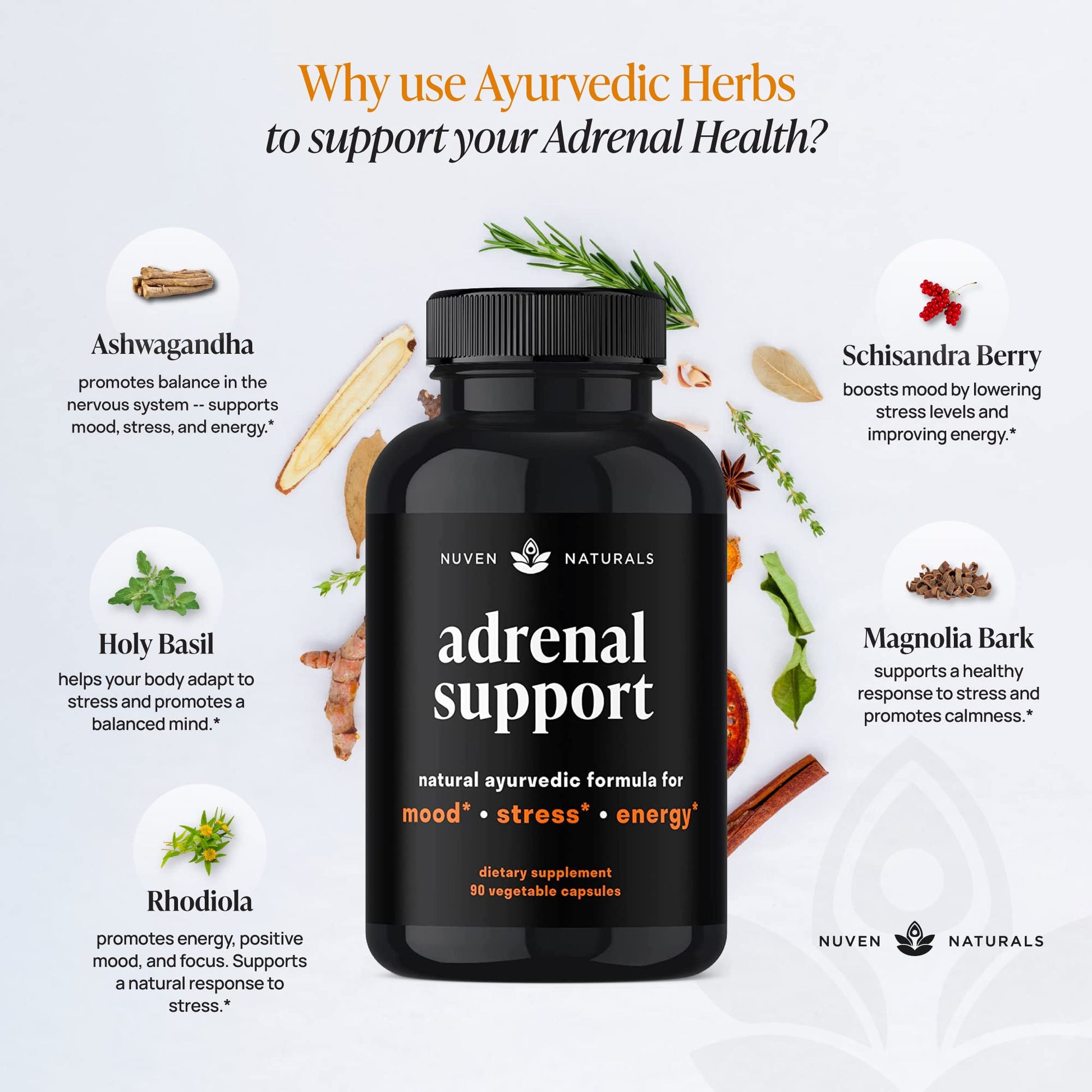 Nuven Naturals Adrenal Support - Cortisol Manager & Adrenal Support Supplements with Ashwagandha Extract, Rhodiola Rosea, Holy Basil to Help Stress, Fatigue & Energy | Adaptogens | 90 Capsules - Maple Wellness Supplements