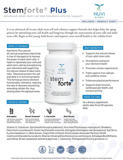 NuVi Global Stemforte Plus Stem Cell and Telomere Supplements – Cell Regeneration, Cell Growth & Telomere Support for Healthy Aging & Cellular Health – 90 Capsules for Men & Women - Maple Wellness Supplements