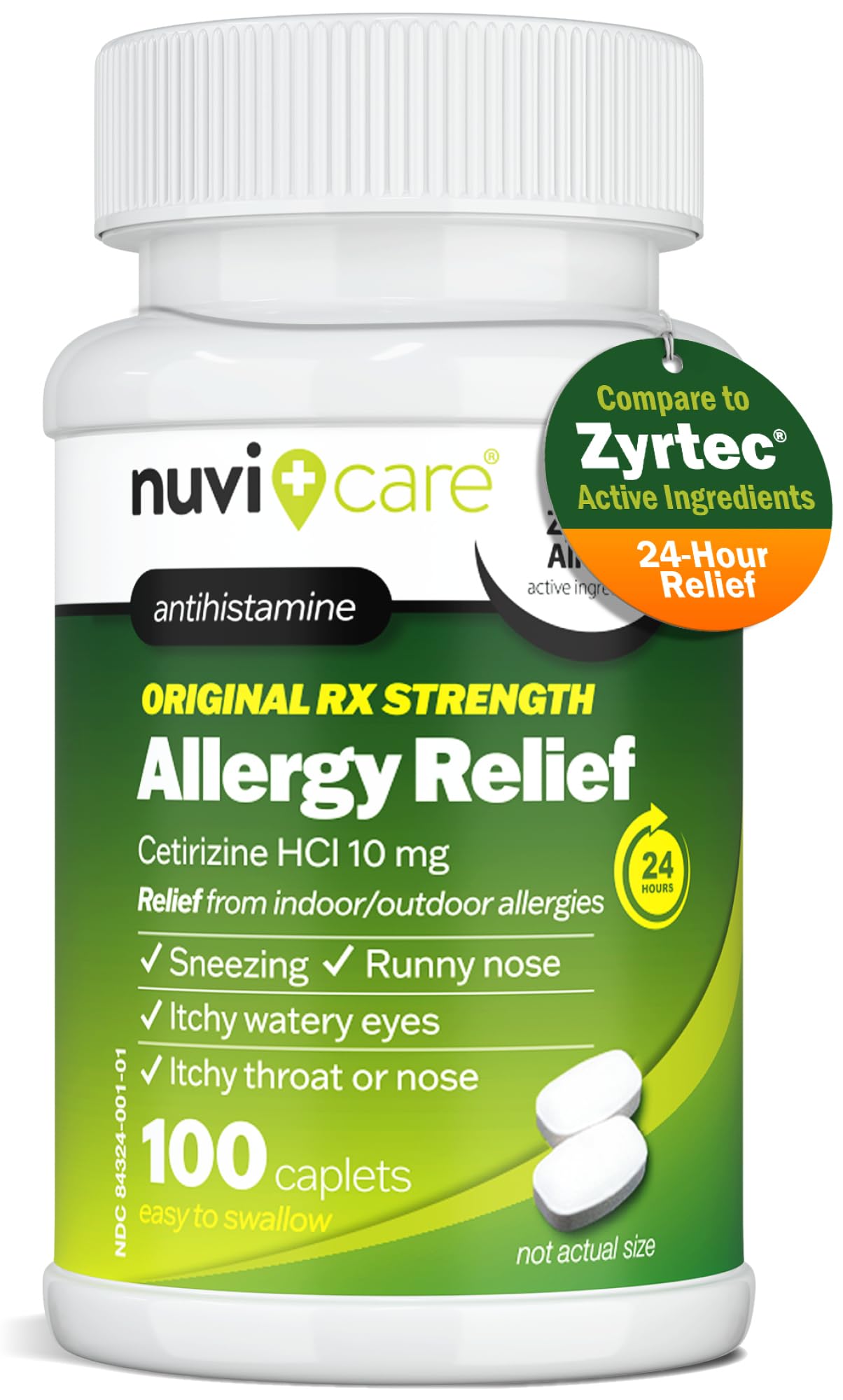 Nuvicare 24-Hour Allergy Medicine - Cetirizine Hydrochloride 10mg Tablets - Compare to the Active Ingredient in Zyrtec Antihistamine Meds - Generic Allergy Pills for All Day Allergy Relief (100 Count) - Maple Wellness Supplements