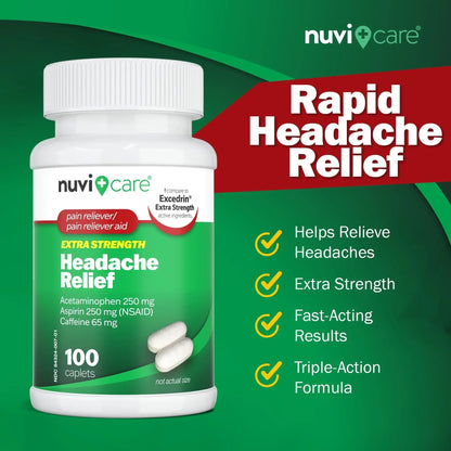NUVICARE Headache Relief with Acetaminophen 250 mg, Aspirin (NSAID) 250 mg, Caffeine 65 mg - Temporary Relief of Minor Aches & Pains - Compare to Excedrin Extra Strength Pain Reliever (2 Pack) - Maple Wellness Supplements