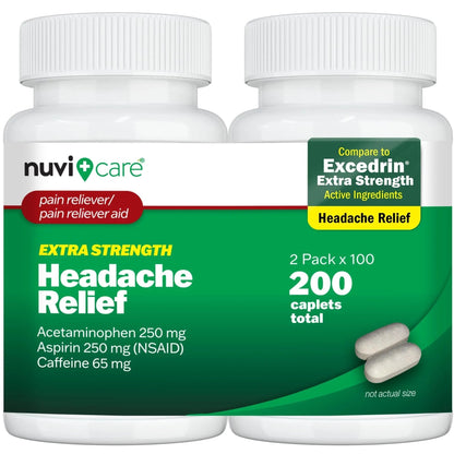 NUVICARE Headache Relief with Acetaminophen 250 mg, Aspirin (NSAID) 250 mg, Caffeine 65 mg - Temporary Relief of Minor Aches & Pains - Compare to Excedrin Extra Strength Pain Reliever (2 Pack) - Maple Wellness Supplements