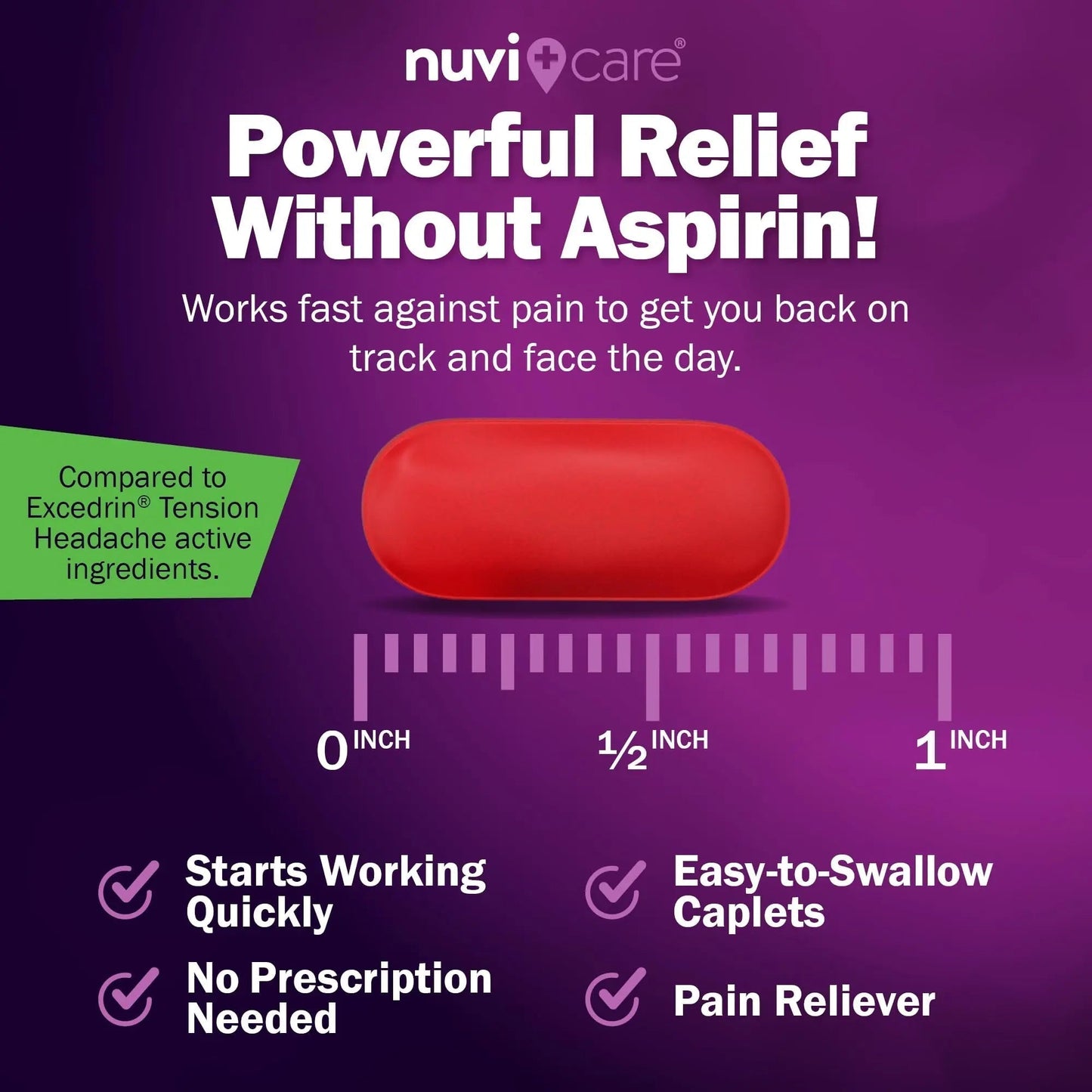Nuvicare Tension Headache Relief Pills with 500mg Acetaminophen and 65mg Caffeine - Non Aspirin Pain Reliever Aid - Compare to Active Ingredient in Aspirin Free Excedrin Tension Headache (100 Caplets) - Maple Wellness Supplements