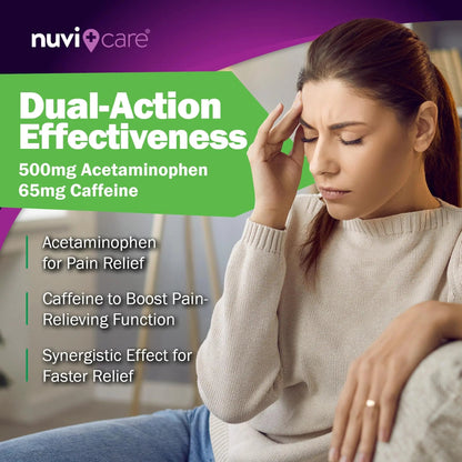 Nuvicare Tension Headache Relief Pills with 500mg Acetaminophen and 65mg Caffeine - Non Aspirin Pain Reliever Aid - Compare to Active Ingredient in Aspirin Free Excedrin Tension Headache (100 Caplets) - Maple Wellness Supplements