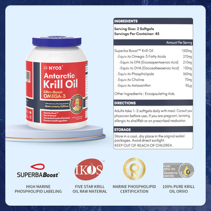 NYO3 Antarctic Krill Oil 1000mg Omega 3 Supplement, EPA & DHA, 90 Softgels Astaxanthin - Maple Wellness Supplements
