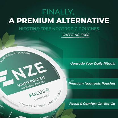 NZE Caffeine Free Nootropic Pouches (Wintergreen) - Nootropic Pouches with Alpha GPC, L-Tyrosine & L-Theanine - No Sugar or Artificial Sweeteners - 15 Pouches Per Can - 5 Pack - Maple Wellness Supplements