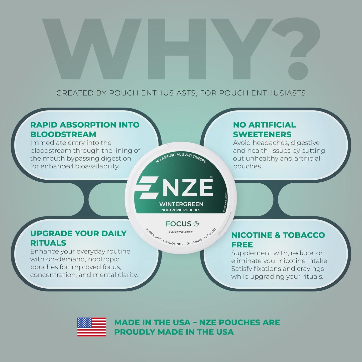 NZE Caffeine Free Nootropic Pouches (Wintergreen) - Nootropic Pouches with Alpha GPC, L-Tyrosine & L-Theanine - No Sugar or Artificial Sweeteners - 15 Pouches Per Can - 5 Pack - Maple Wellness Supplements