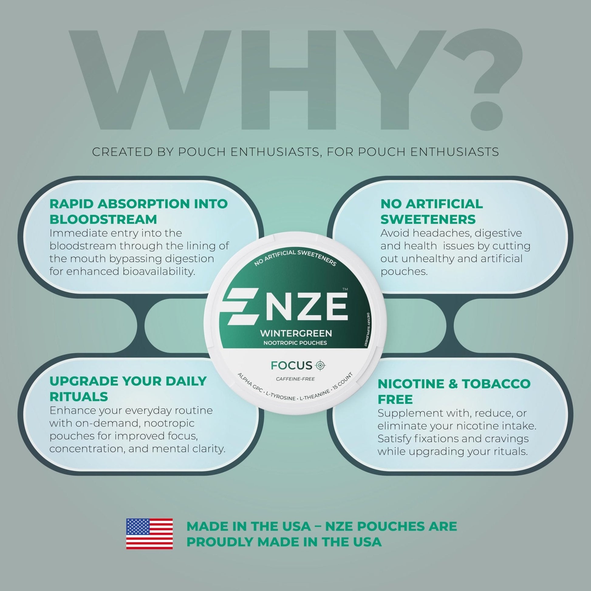 NZE Caffeine Free Nootropic Pouches (Wintergreen) - Nootropic Pouches with Alpha GPC, L-Tyrosine & L-Theanine - No Sugar or Artificial Sweeteners - 15 Pouches Per Can - 5 Pack - Maple Wellness Supplements