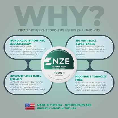 NZE Caffeine Free Nootropic Pouches (Wintergreen) - Nootropic Pouches with Alpha GPC, L-Tyrosine & L-Theanine - No Sugar or Artificial Sweeteners - 15 Pouches Per Can - 5 Pack - Maple Wellness Supplements