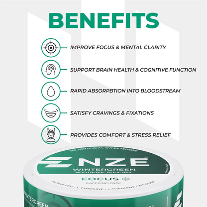 NZE Caffeine Free Nootropic Pouches (Wintergreen) - Nootropic Pouches with Alpha GPC, L-Tyrosine & L-Theanine - No Sugar or Artificial Sweeteners - 15 Pouches Per Can - 5 Pack - Maple Wellness Supplements
