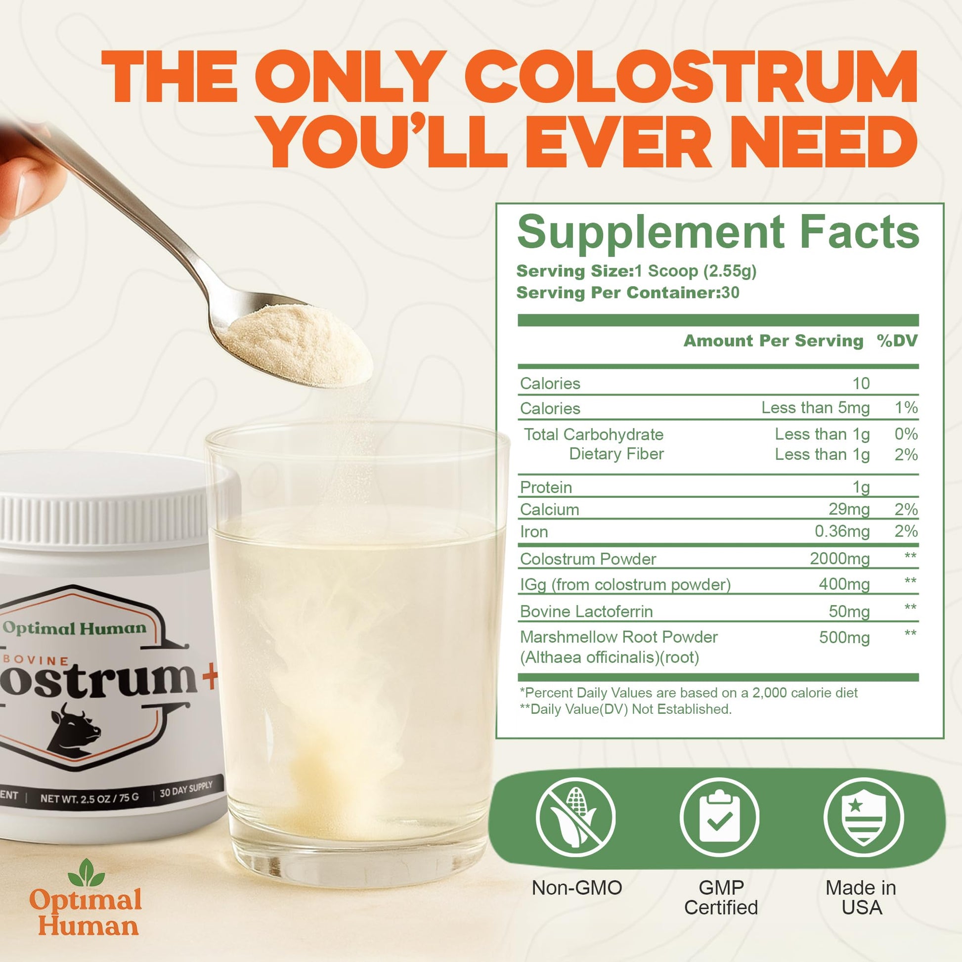 O H Optimal Human Bovine Colostrum Powder with Marshmallow Root – Gut & Immune Support Colostrum Supplement Capsules with IgG & Protein – Non-GMO, GMP Certified, Made in USA – Unflavored 30 Servings - Maple Wellness Supplements