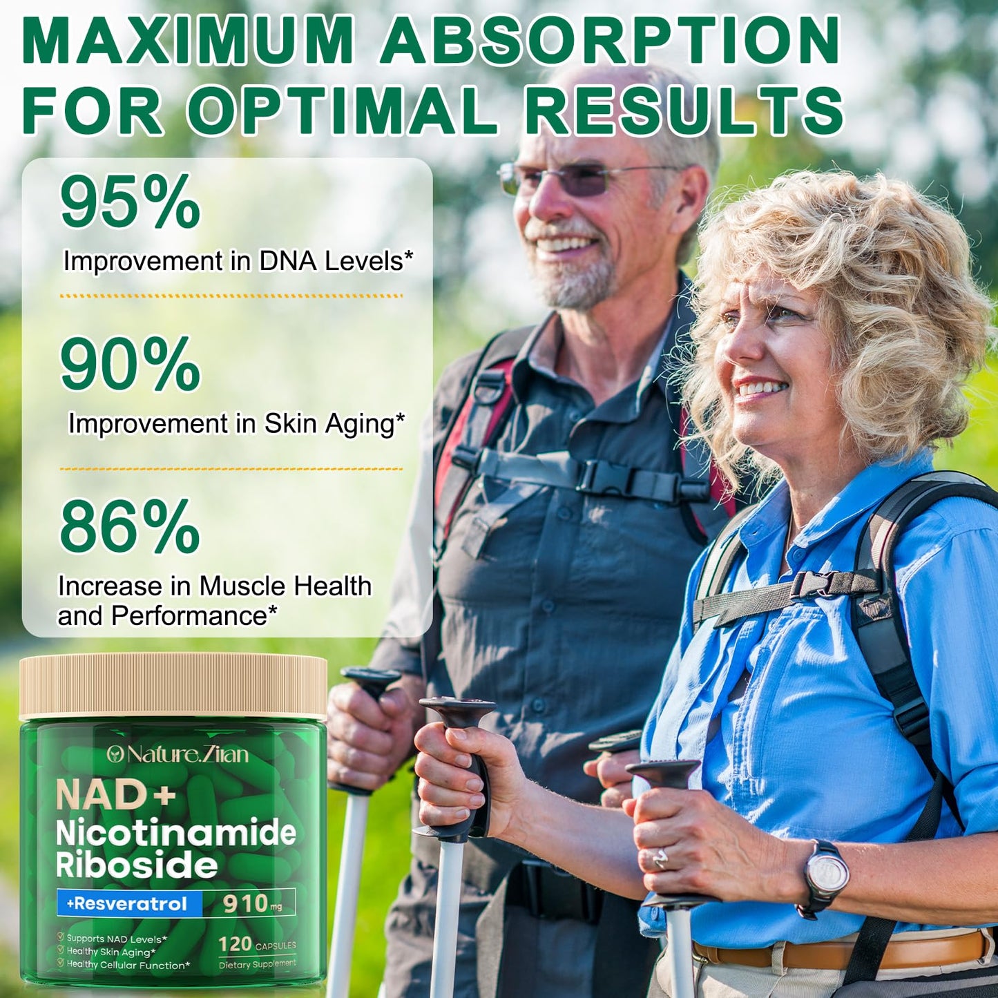 O NATURE . ZIRAN NAD Supplement - NAD+ Nicotinamide Riboside 910 Mg Supplement for Women & Men, Liposomal Nicotinamide Riboside with Resveratrol, for Focus, Boost - 120 Capsules - Maple Wellness Supplements