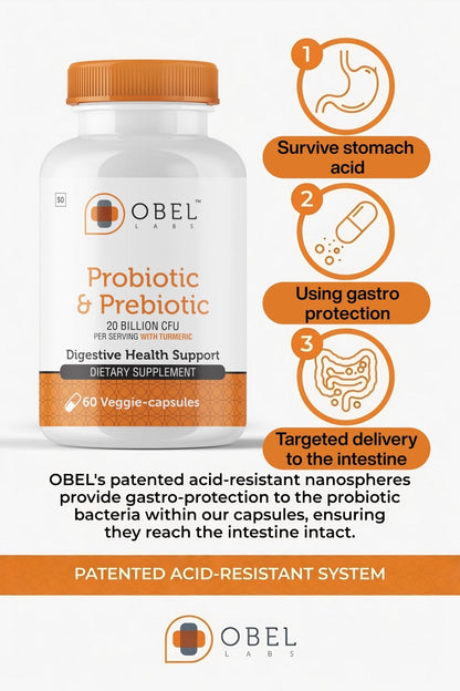 obel Probiotic & Prebiotic Supplement with Turmeric | 20 Billion CFU | 60 Capsules (30 Day Supply) | 4 Strains | Supports Digestion - Maple Wellness Supplements