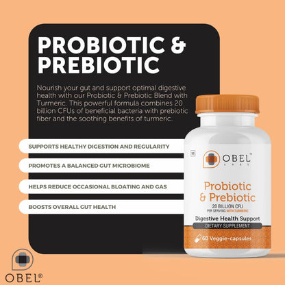 obel Probiotic & Prebiotic Supplement with Turmeric | 20 Billion CFU | 60 Capsules (30 Day Supply) | 4 Strains | Supports Digestion - Maple Wellness Supplements
