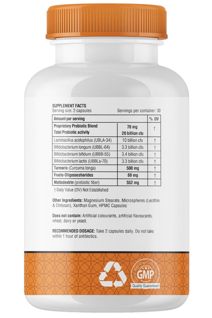 obel Probiotic & Prebiotic Supplement with Turmeric | 20 Billion CFU | 60 Capsules (30 Day Supply) | 4 Strains | Supports Digestion - Maple Wellness Supplements