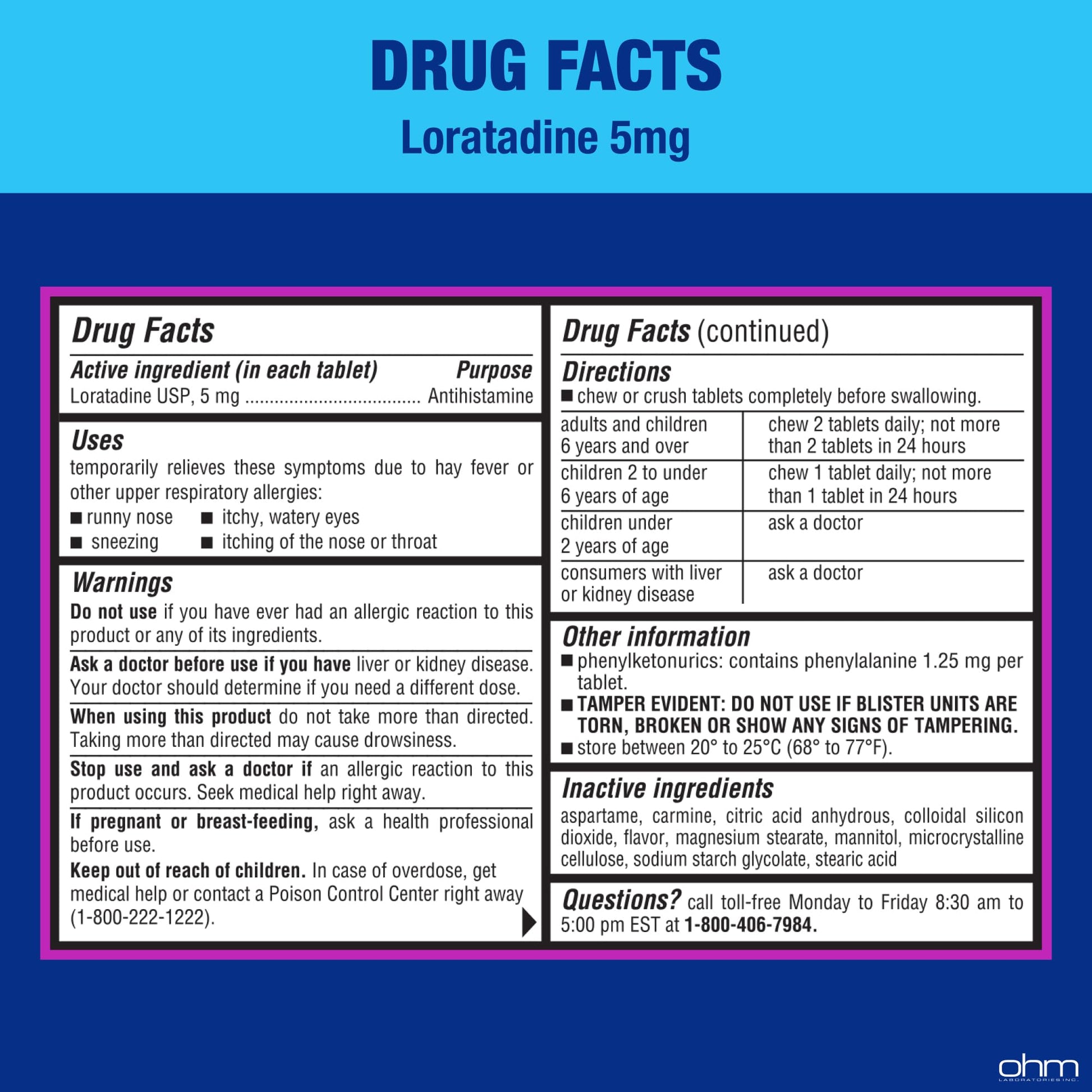 Ohm Children's Allergy Medicine, Loratadine 5mg, Chewable Tablets (30 Count) Bubblegum Flavor, Non-Drowsy Antihistamine, 24-Hour Allergy Relief for Runny Nose, Watery Eyes, Itchy Throat & Nose - Maple Wellness Supplements