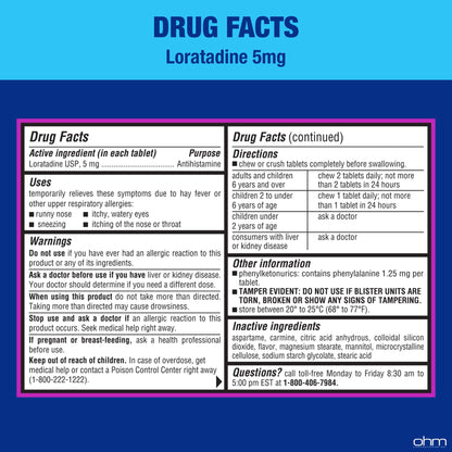 Ohm Children's Allergy Medicine, Loratadine 5mg, Chewable Tablets (30 Count) Bubblegum Flavor, Non-Drowsy Antihistamine, 24-Hour Allergy Relief for Runny Nose, Watery Eyes, Itchy Throat & Nose - Maple Wellness Supplements