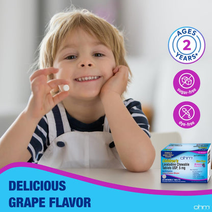 Ohm Children's Allergy Medicine, Loratadine 5mg, Chewable Tablets (30 Count) Grape Flavor, Non-Drowsy Antihistamine, 24-Hour Allergy Relief for Runny Nose, Watery Eyes, Itchy Throat & Nose - Maple Wellness Supplements