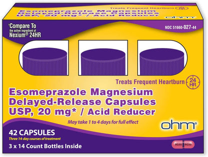 Ohm Esomeprazole Magnesium Delayed Release Capsules 20mg - Frequent Heartburn & Acid Reflux Relief, 24 Hour Chest & Stomach Acid Reducer (6 Weeks of Supply, 42, Count) - Maple Wellness Supplements