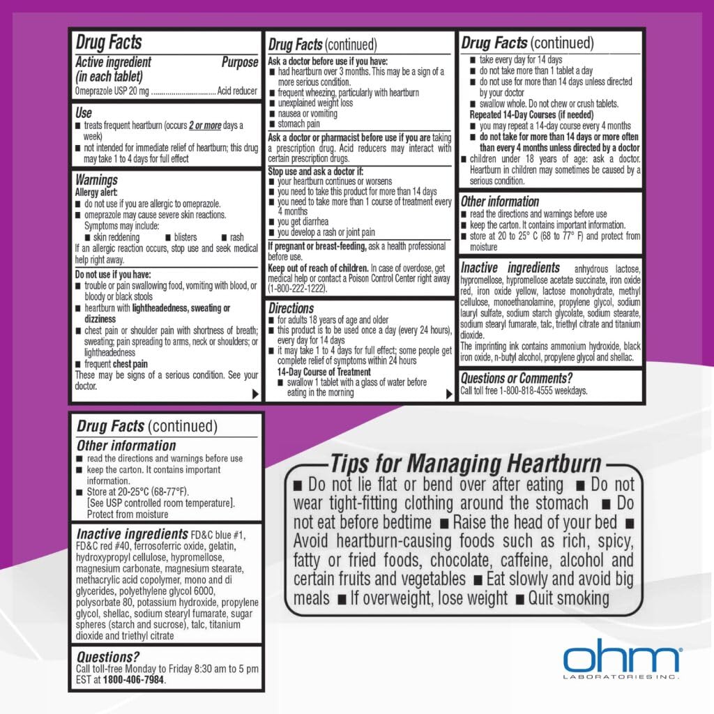 Ohm Omeprazole Delayed-Release Tablets, 20mg Acid Reducer, Treats Frequent Heartburn (12 Weeks of Supply, 84, Count) - Maple Wellness Supplements