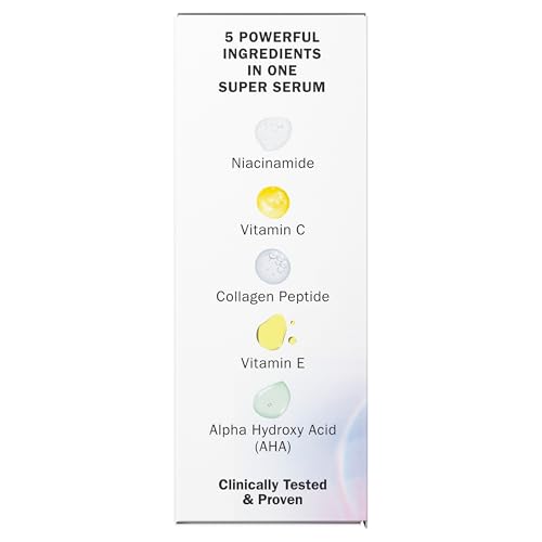 Olay Super Serum - Glow Serum for Face - Activated Niacinamide, Vitamin C & E, Collagen Peptide, AHA - 5-in-1 Benefits - Brightens, Hydrates, Smooths, Firms, Evens Tone, Proactive Anti-Aging, 1.7 Oz - Maple Wellness Supplements