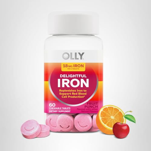 OLLY Delightful Iron Chewable Tablet, Iron Supplement from AB Fortis, Fruit Punch Flavored, 30 or 20 Day Supply - 60 Count - Maple Wellness Supplements