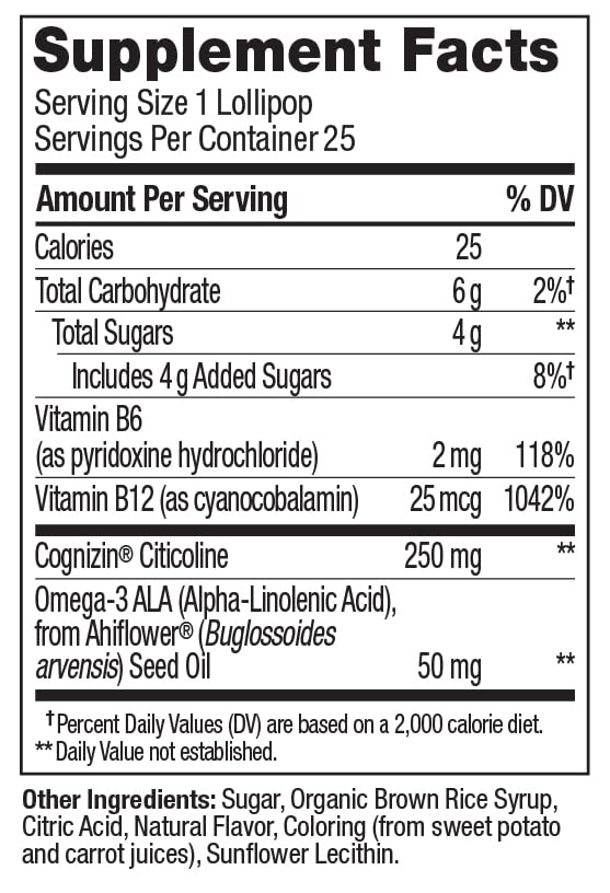 OLLY Focus Buddies L’OLLY Pops, Cognizin, Vitamins B6 and B12, Omega-3 ALA, Supports Focused Attention and Healthy Brain Function,* Kids 4+ Dietary Supplement, Watermelon Strawberry Flavored, 25 Count - Maple Wellness Supplements