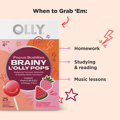 OLLY Focus Buddies L’OLLY Pops, Cognizin, Vitamins B6 and B12, Omega-3 ALA, Supports Focused Attention and Healthy Brain Function,* Kids 4+ Dietary Supplement, Watermelon Strawberry Flavored, 25 Count - Maple Wellness Supplements