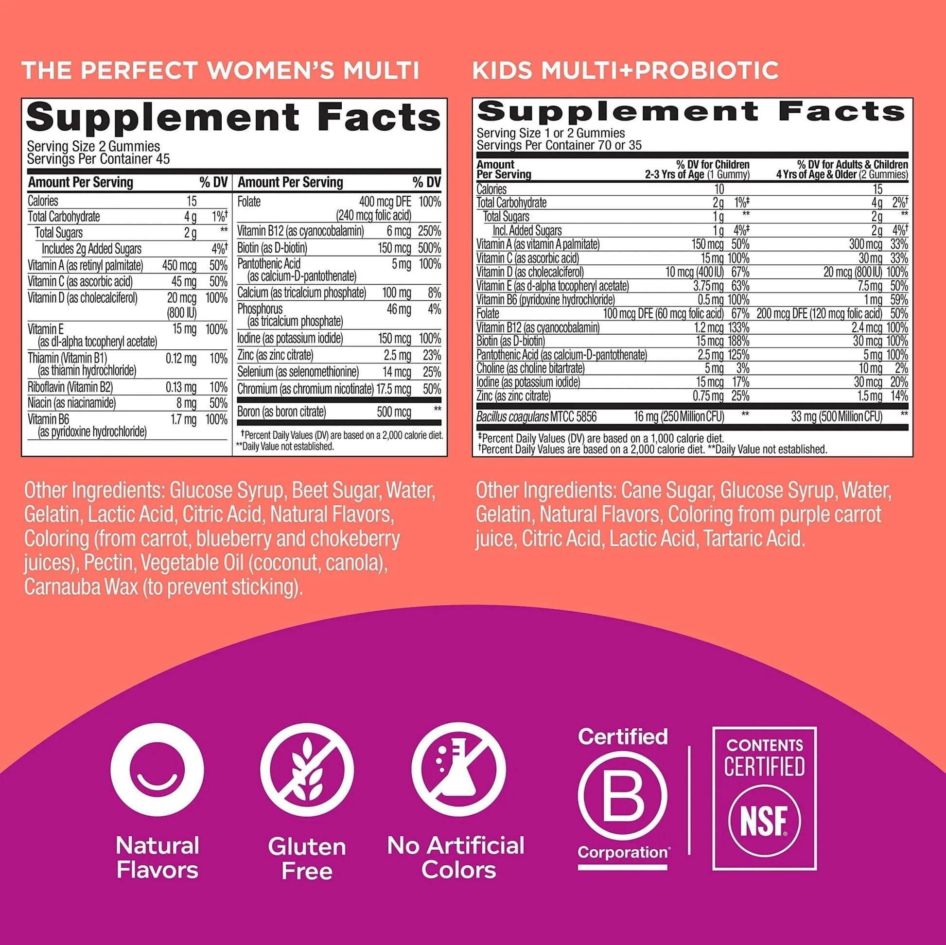 OLLY Gift, Family 2 Pack: Women's Multivitamin Gummy (90 Count), Kids Multivitamin + Probiotic Gummy (70 Count), Vitamins A, D, C, E, B, Chewable Supplement - Maple Wellness Supplements
