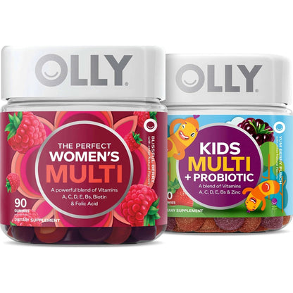 OLLY Gift, Family 2 Pack: Women's Multivitamin Gummy (90 Count), Kids Multivitamin + Probiotic Gummy (70 Count), Vitamins A, D, C, E, B, Chewable Supplement - Maple Wellness Supplements