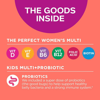 OLLY Gift, Family 2 Pack: Women's Multivitamin Gummy (90 Count), Kids Multivitamin + Probiotic Gummy (70 Count), Vitamins A, D, C, E, B, Chewable Supplement - Maple Wellness Supplements