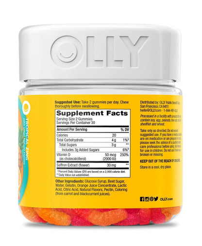 OLLY Hello Happy Gummy Worms, Mood Support Gummies For Adults,* Saffron Extract, Vitamin D, Tropical Zing Flavored, 30 Day Supply - 60 Count - Maple Wellness Supplements
