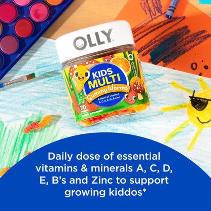 OLLY Kids Immunity Gummy, Immune Support, Wellmune, Elderberry, Vitamin C, Zinc & Kids Multivitamin Gummy Worms, Overall Health and Immune Support, Vitamins and Minerals A, C, D - Maple Wellness Supplements