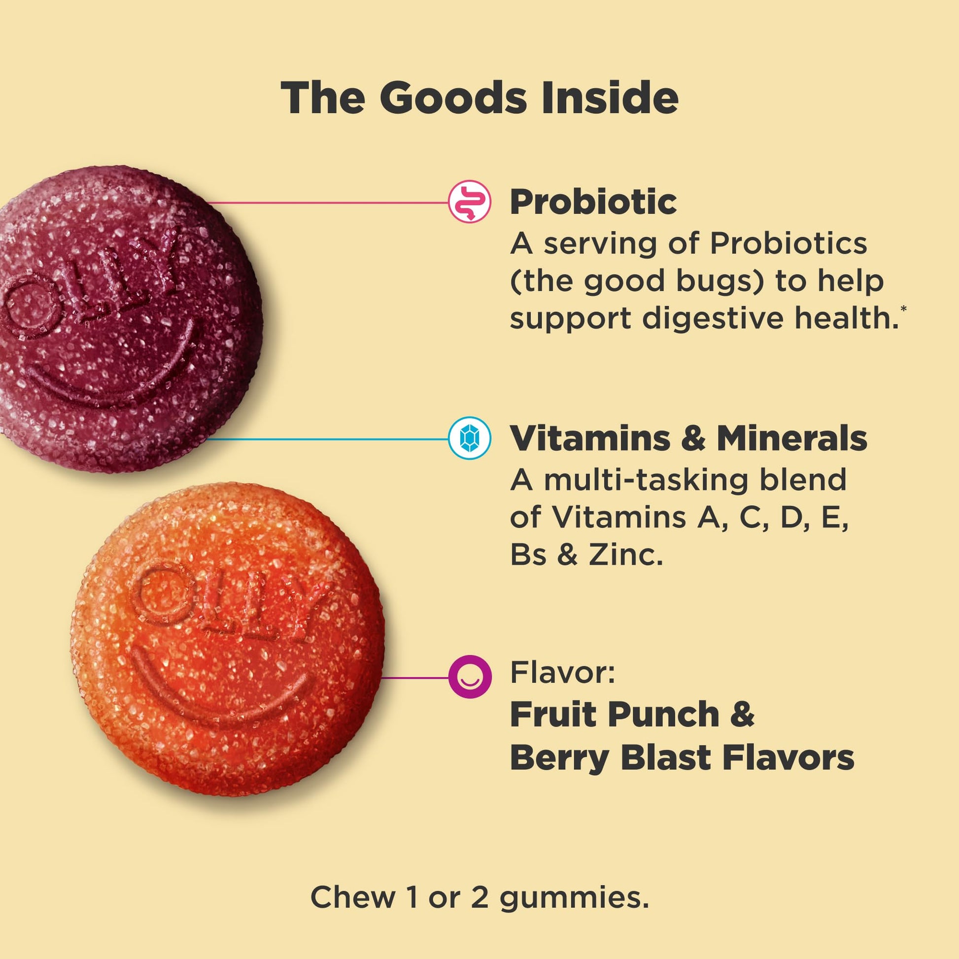 OLLY Kids Multivitamin & Probiotic Gummy, Digestive Support, Vitamins A, D, C, E, B, Zinc, Chewable Supplement, Berry Flavor, 50 day supply - 100 Count - Maple Wellness Supplements