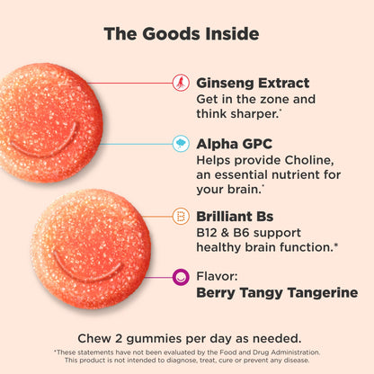 OLLY Laser Focus Gummy, Ginseng, Alpha GPC, B Vitamins, Berry Tangerine Flavor - 36 Count - Maple Wellness Supplements