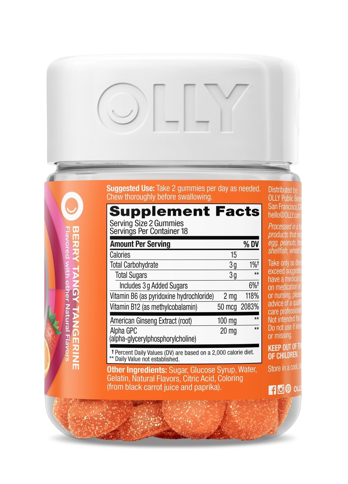 OLLY Laser Focus Gummy, Ginseng, Alpha GPC, B Vitamins, Berry Tangerine Flavor - 36 Count - Maple Wellness Supplements