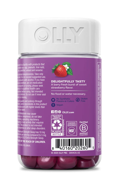 OLLY Max Strength Sleep Gummy, 10mg Melatonin, L-Theanine, Chamomile, Lemon Balm, Sugar Free, Vegetarian Sleep Aid, Strawberry - 70 Count - Maple Wellness Supplements