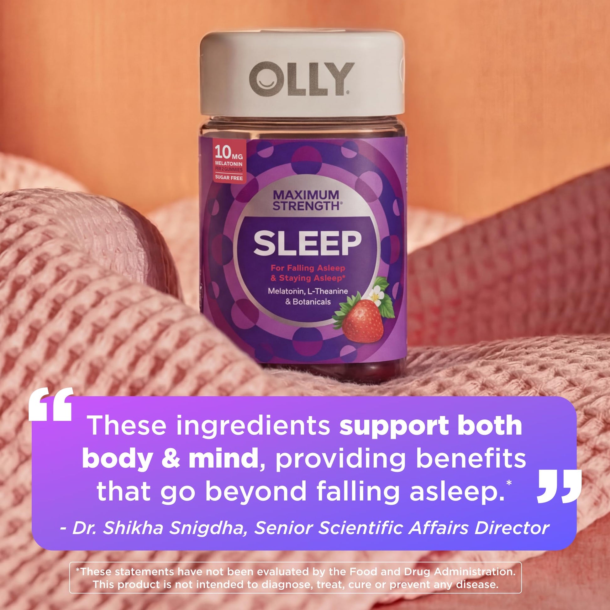 OLLY Max Strength Sleep Gummy, 10mg Melatonin, L-Theanine, Chamomile, Lemon Balm, Sugar Free, Vegetarian Sleep Aid, Strawberry - 70 Count - Maple Wellness Supplements
