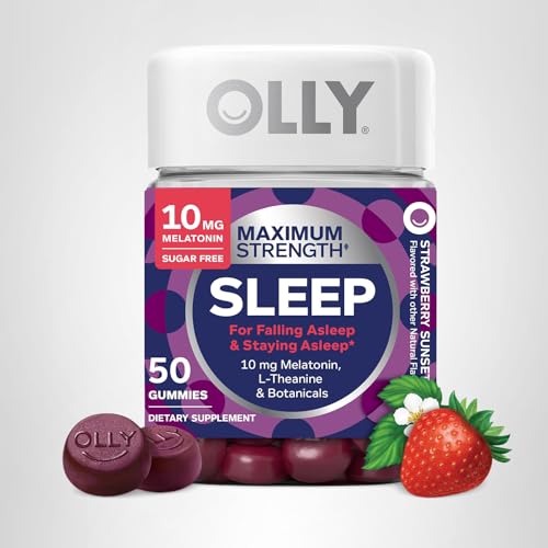 OLLY Max Strength Sleep Gummy, 10mg Melatonin, L-Theanine, Chamomile, Lemon Balm, Sugar Free, Vegetarian Sleep Aid, Strawberry - 70 Count - Maple Wellness Supplements