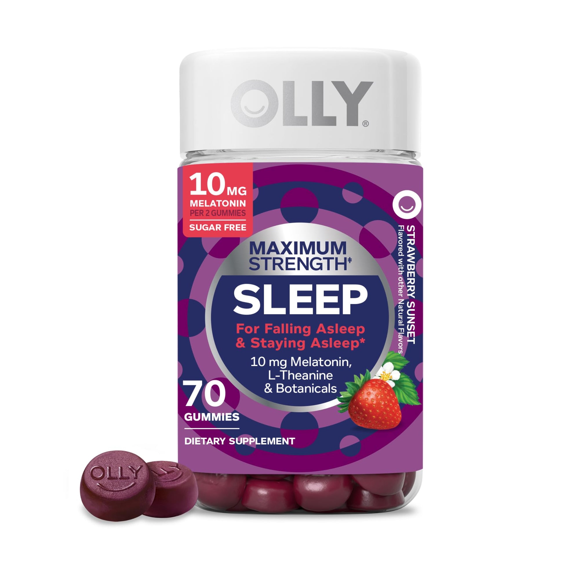 OLLY Max Strength Sleep Gummy, 10mg Melatonin, L-Theanine, Chamomile, Lemon Balm, Sugar Free, Vegetarian Sleep Aid, Strawberry - 70 Count - Maple Wellness Supplements