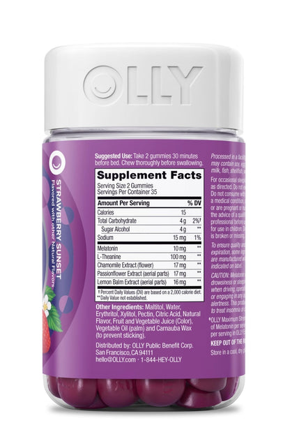 OLLY Max Strength Sleep Gummy, 10mg Melatonin, L-Theanine, Chamomile, Lemon Balm, Sugar Free, Vegetarian Sleep Aid, Strawberry - 70 Count - Maple Wellness Supplements