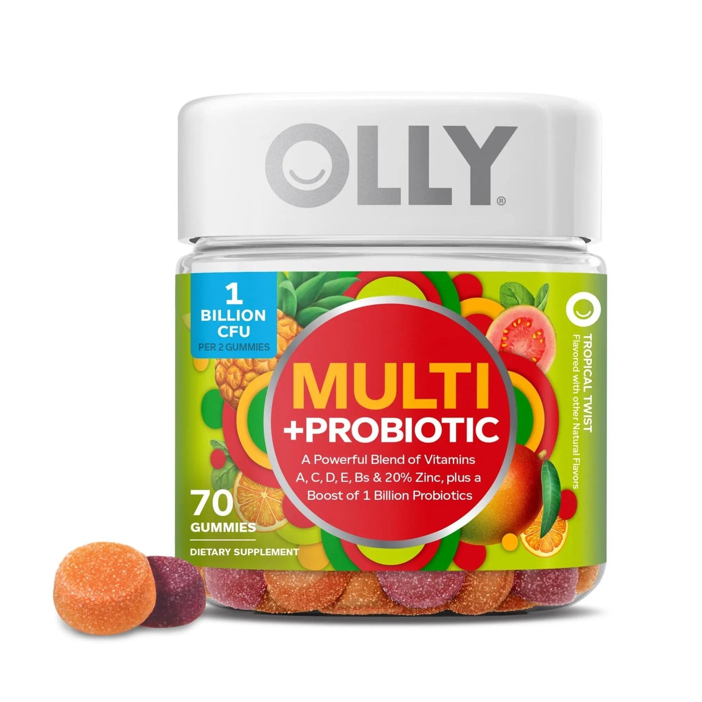 OLLY Multi + Probiotic Adult Multivitamin Gummy, 1 Billion CFUs, Digestive and Immune Support Chewable Supplement, Tropical Twist, 35 Day Supply - 70 Count - Maple Wellness Supplements