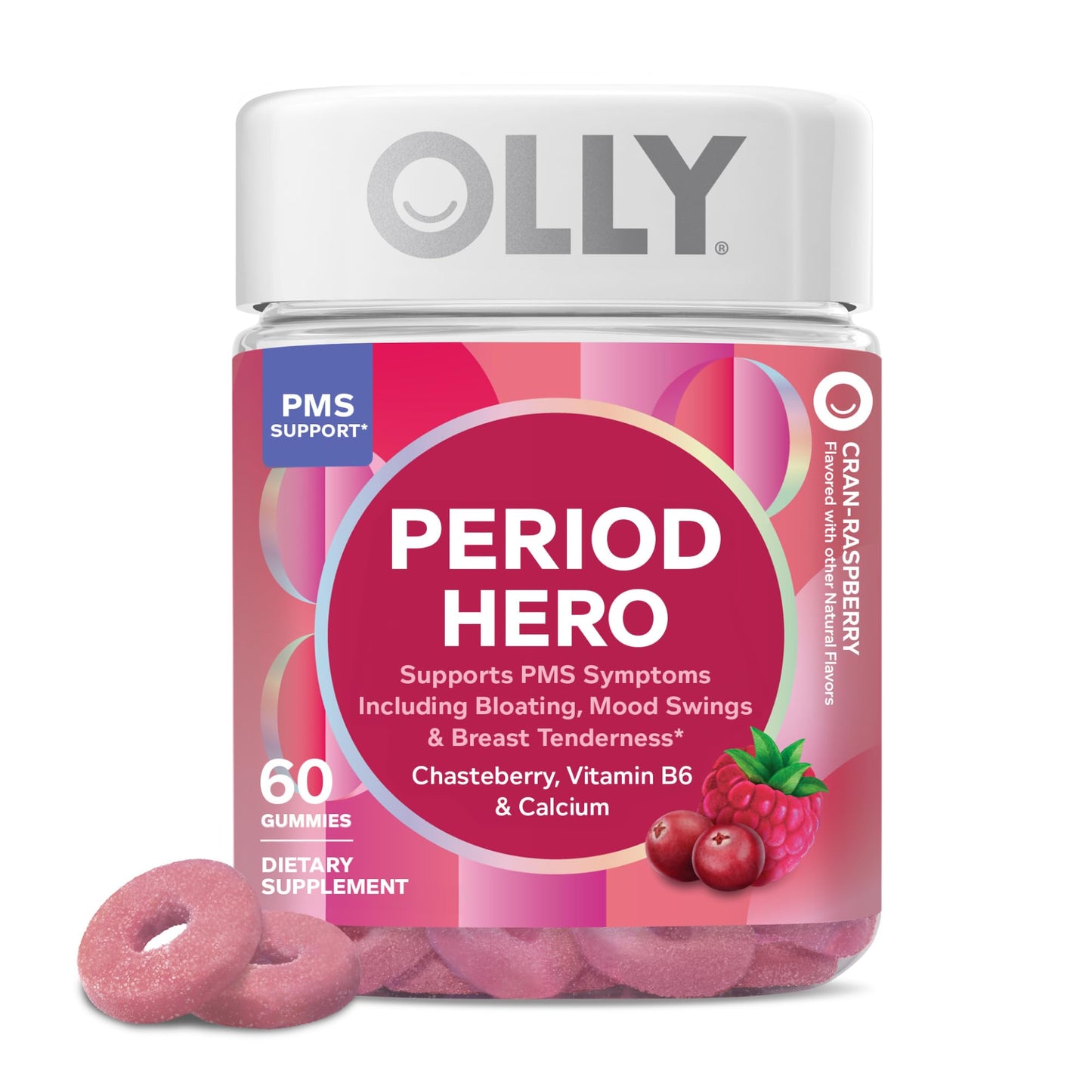 OLLY Period Hero Gummies, PMS Support Supplement,* Chasteberry, Vitamin B6, Calcium, Cran-Raspberry Flavor, 30 Day Supply - 60 Count - Maple Wellness Supplements