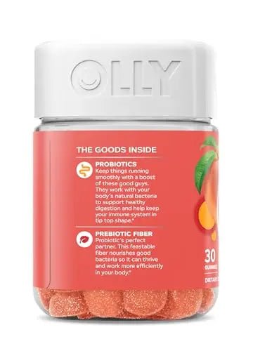 OLLY Probiotic + Prebiotic Gummy, Digestive Support and Gut Health, 500 Million CFUs, Fiber, Adult Chewable Supplement for Men and Women, Peach, 30 Day Supply - 30 Count - Maple Wellness Supplements