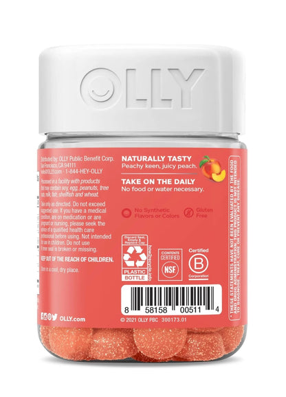 OLLY Probiotic + Prebiotic Gummy, Digestive Support and Gut Health, 500 Million CFUs, Fiber, Adult Chewable Supplement for Men and Women, Peach, 30 Day Supply - 30 Count - Maple Wellness Supplements