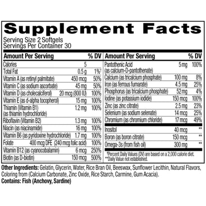 OLLY Ultra Strength Women's Multi Softgels, Overall Health and Immune Support, Omega-3s, Iron, Vitamins A, D, C, E, B12, Daily Multivitamin, 30 Day Supply - 60 Count - Maple Wellness Supplements