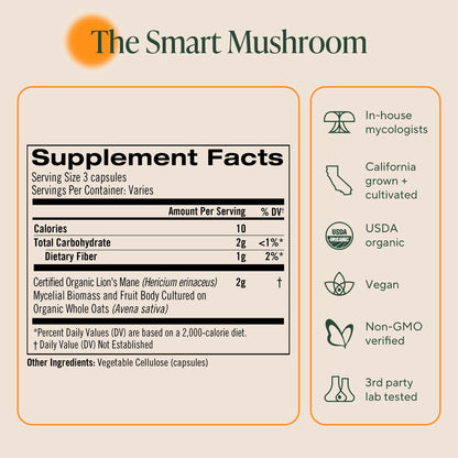 Om Lion’s Mane Mushroom Capsules - Organic Mushroom Supplement and Nootropic - Brain Supplements for Memory and Focus, 180 Count (60 Servings) - Maple Wellness Supplements